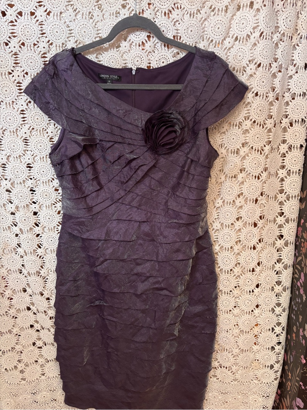 London Style Deep Purple Layered Cocktail Dress with Rosette